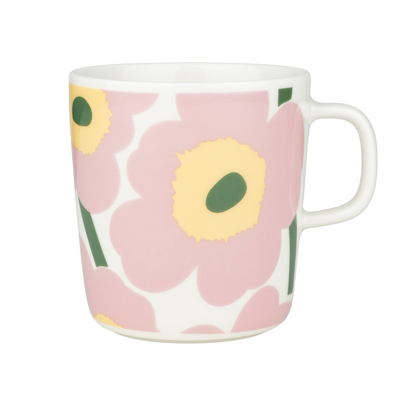 Marimekko - Oiva Unikko Becher mit Henkel | 400 ml / weiß/pink/hellgelb