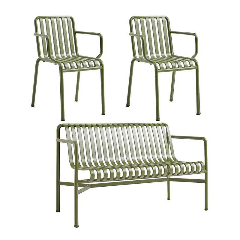 HAY - Palissade Dining Bench + 2x Armlehnenstuhl | olive
