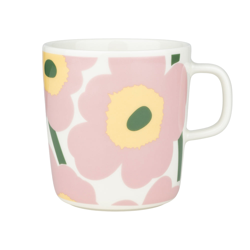 Marimekko - Oiva Unikko Becher mit Henkel | 400 ml / weiß/pink/hellgelb